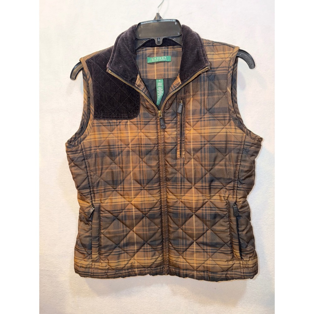Lauren Ralph Lauren Women Plaid Quilted Vest Corduroy Collar Full Zip Size M